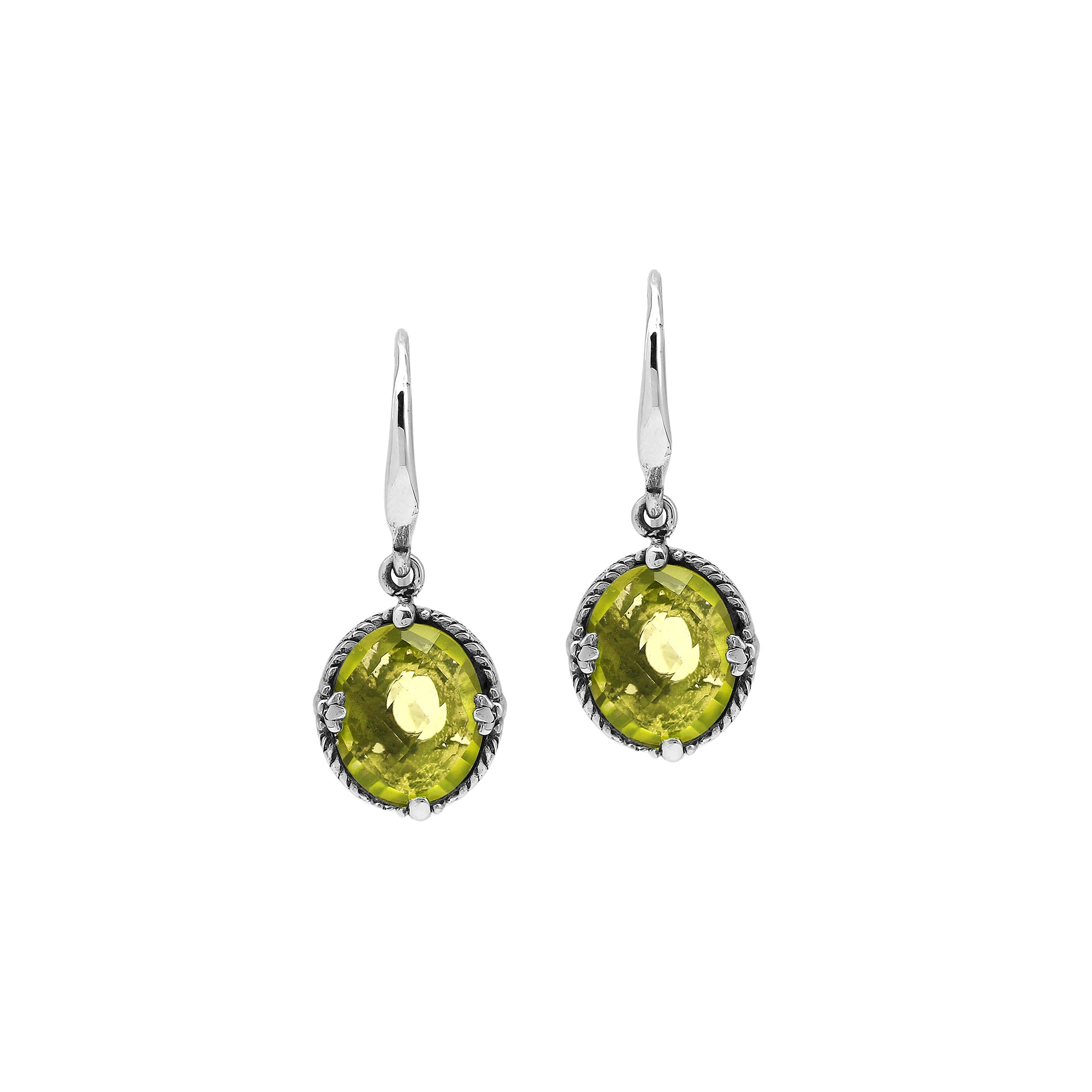 Wholesale Sterling Silver Lemon Quartz Oval Rope-Frame Earrings With Detailed Balinese-Style Metalwork.