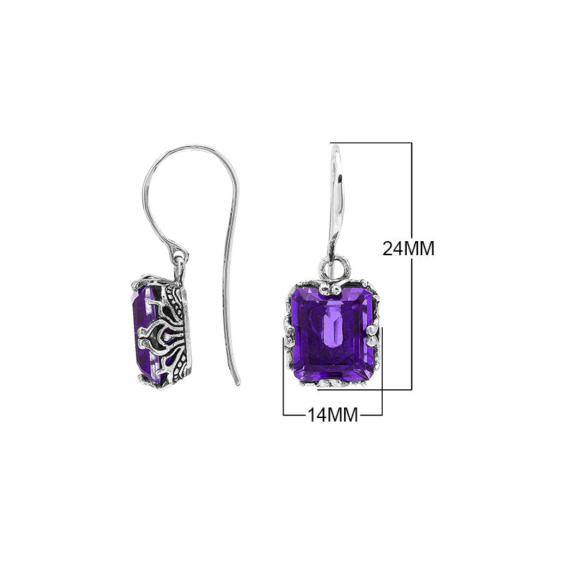 Wholesale Rectangular Sterling Silver Earrings With Amethyst Quartz And Engraved Oxidized Balinese Detailing
