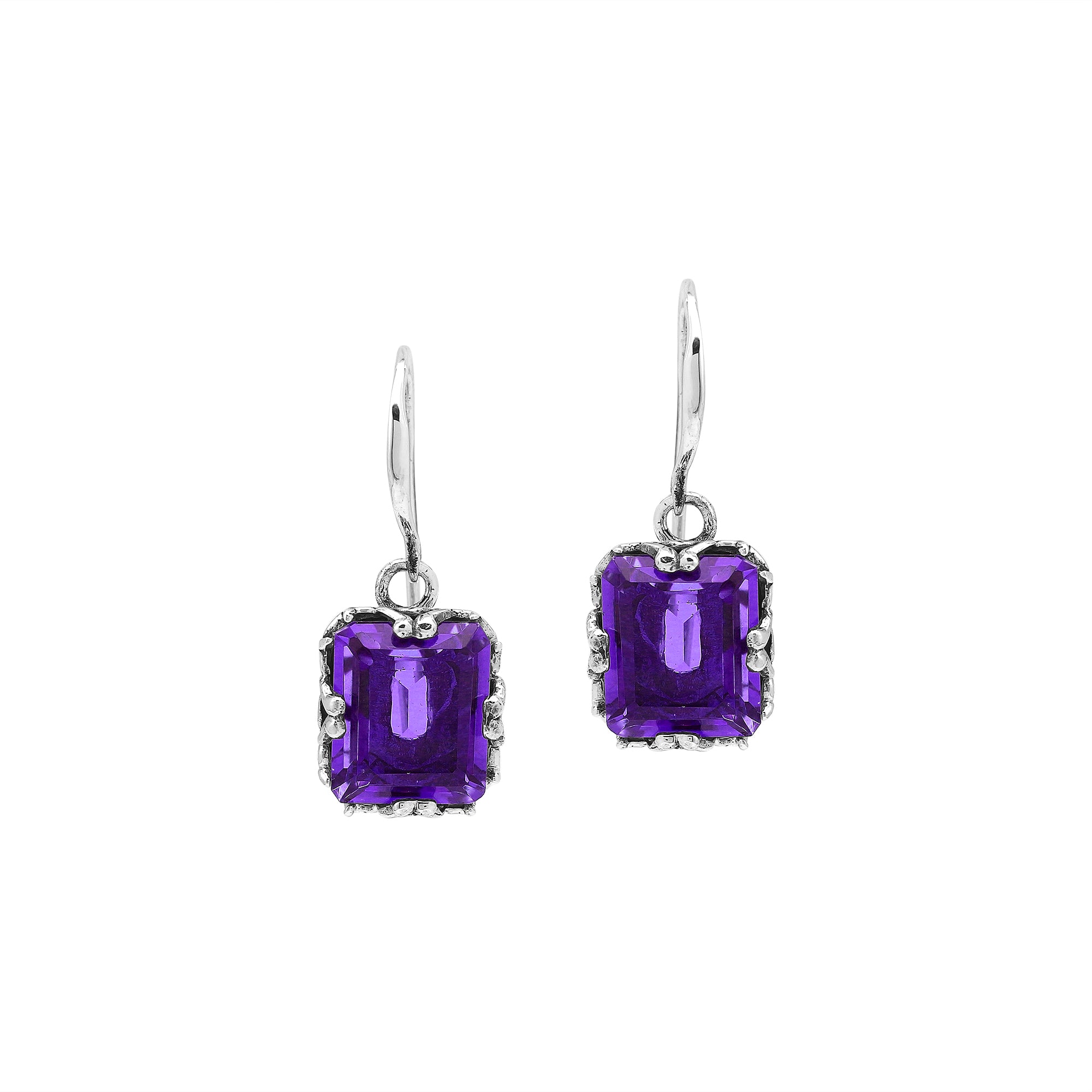 Wholesale Rectangular Sterling Silver Earrings With Amethyst Quartz And Engraved Oxidized Balinese Detailing