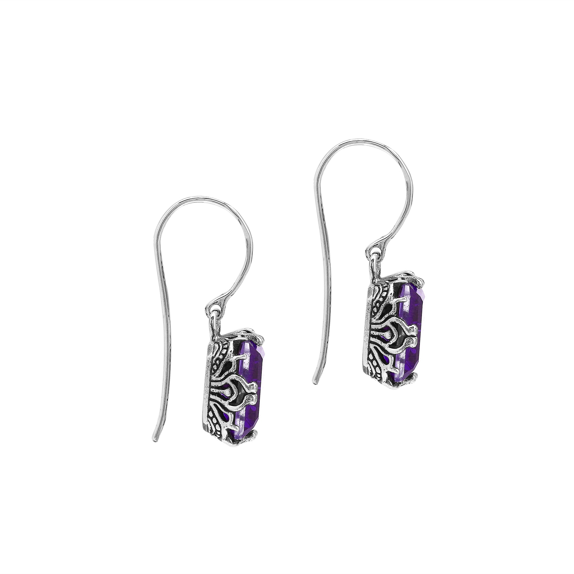 Wholesale Rectangular Sterling Silver Earrings With Amethyst Quartz And Engraved Oxidized Balinese Detailing