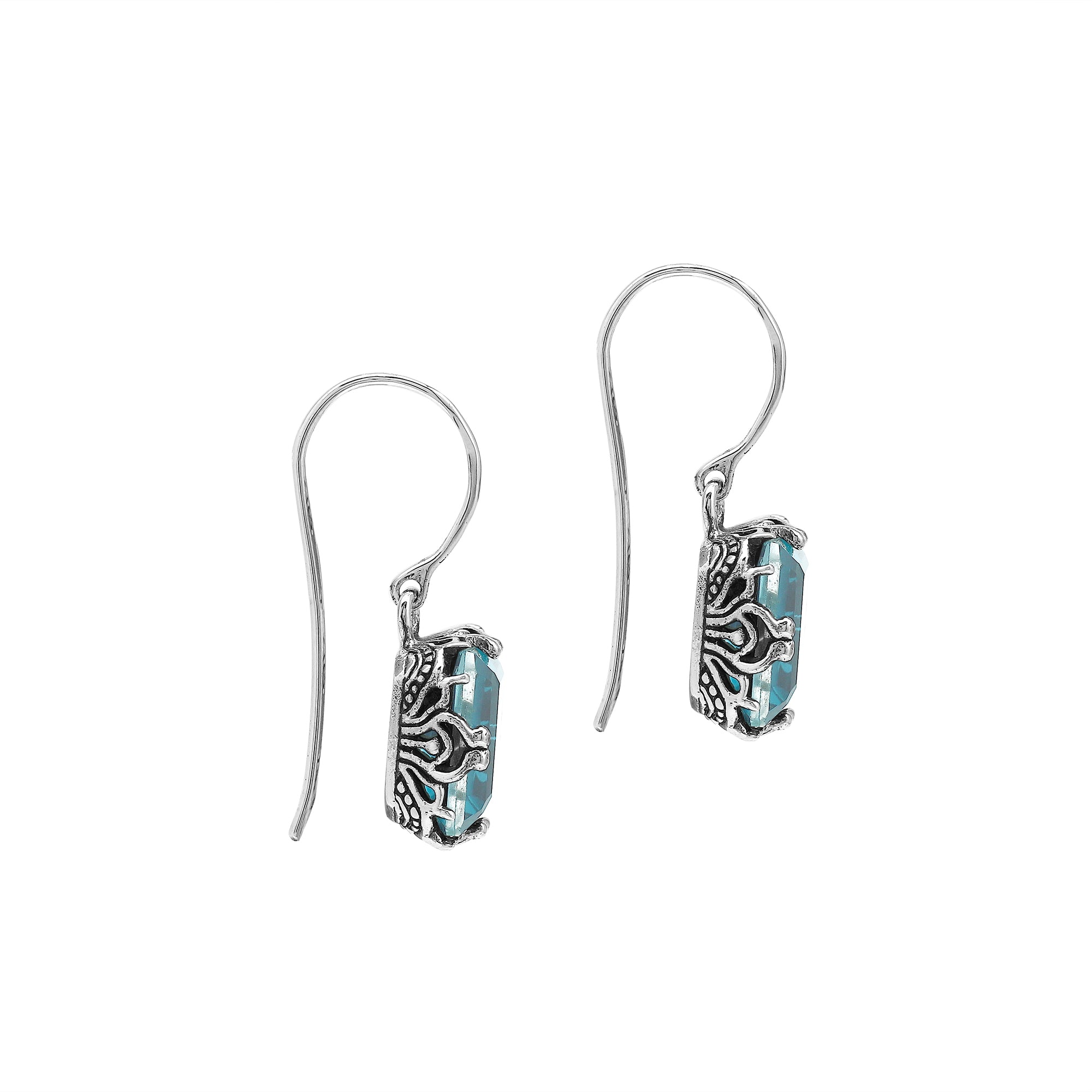 Wholesale Sterling Silver Drop Earrings With Blue Topaz Quartz And Engraved Balinese Detailing