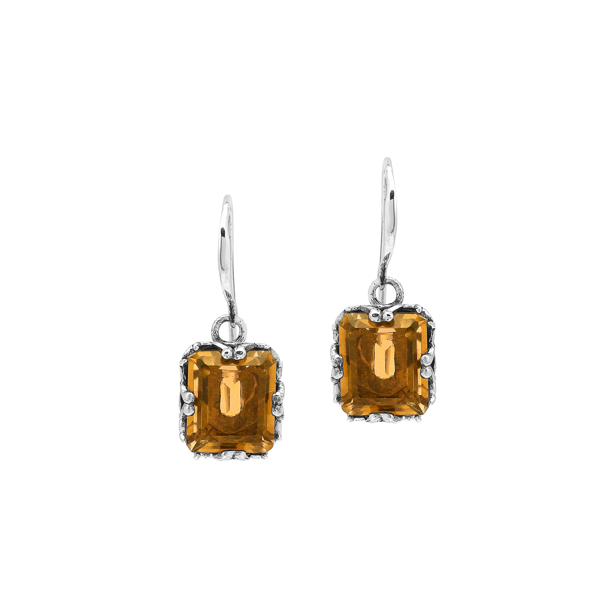 Wholesale Sterling Silver Drop Earrings With Citrine Quartz And Engraved Balinese Detailing