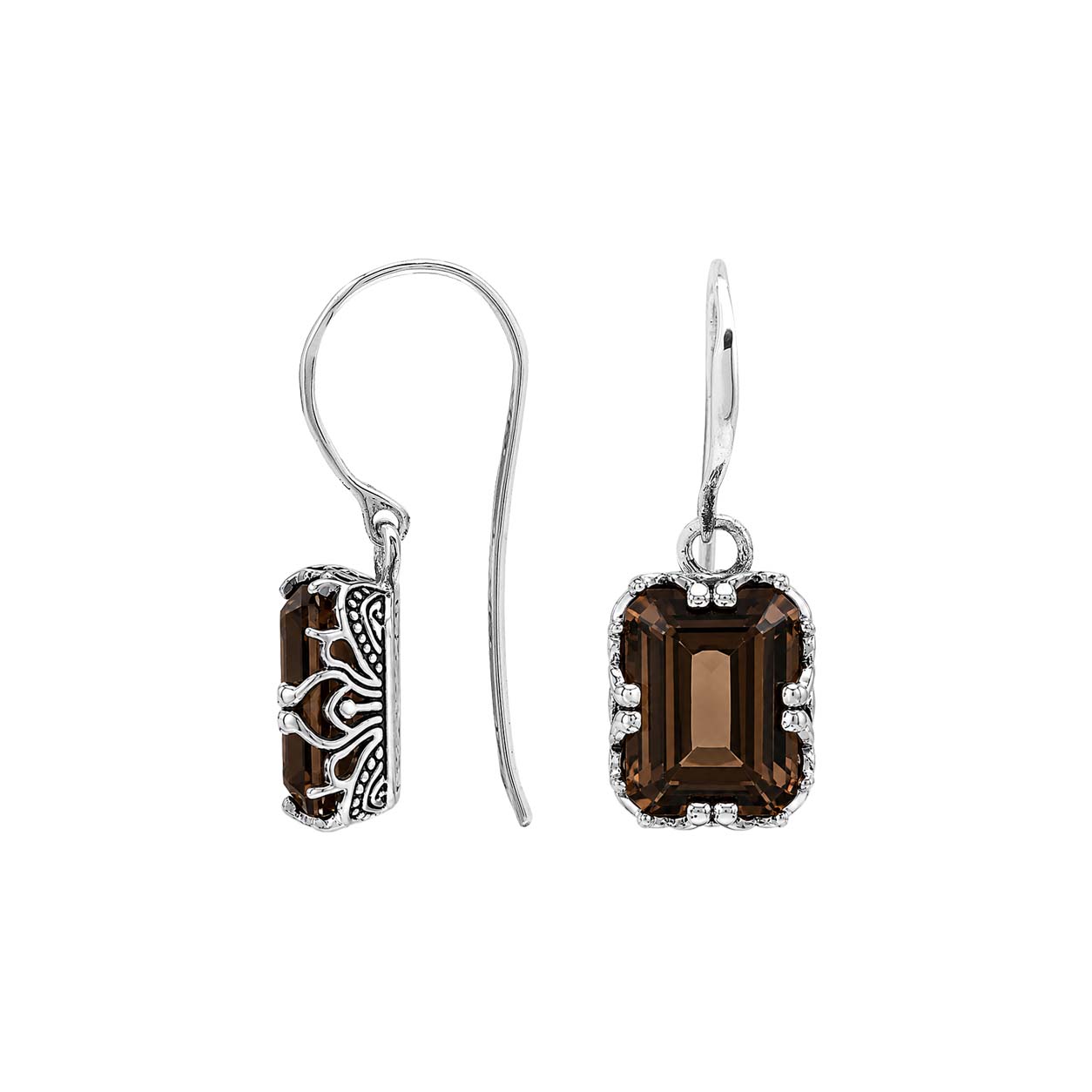 Sterling silver Smokey Quartz emerald cut drop earrings with handcrafted Balinese silver detailing