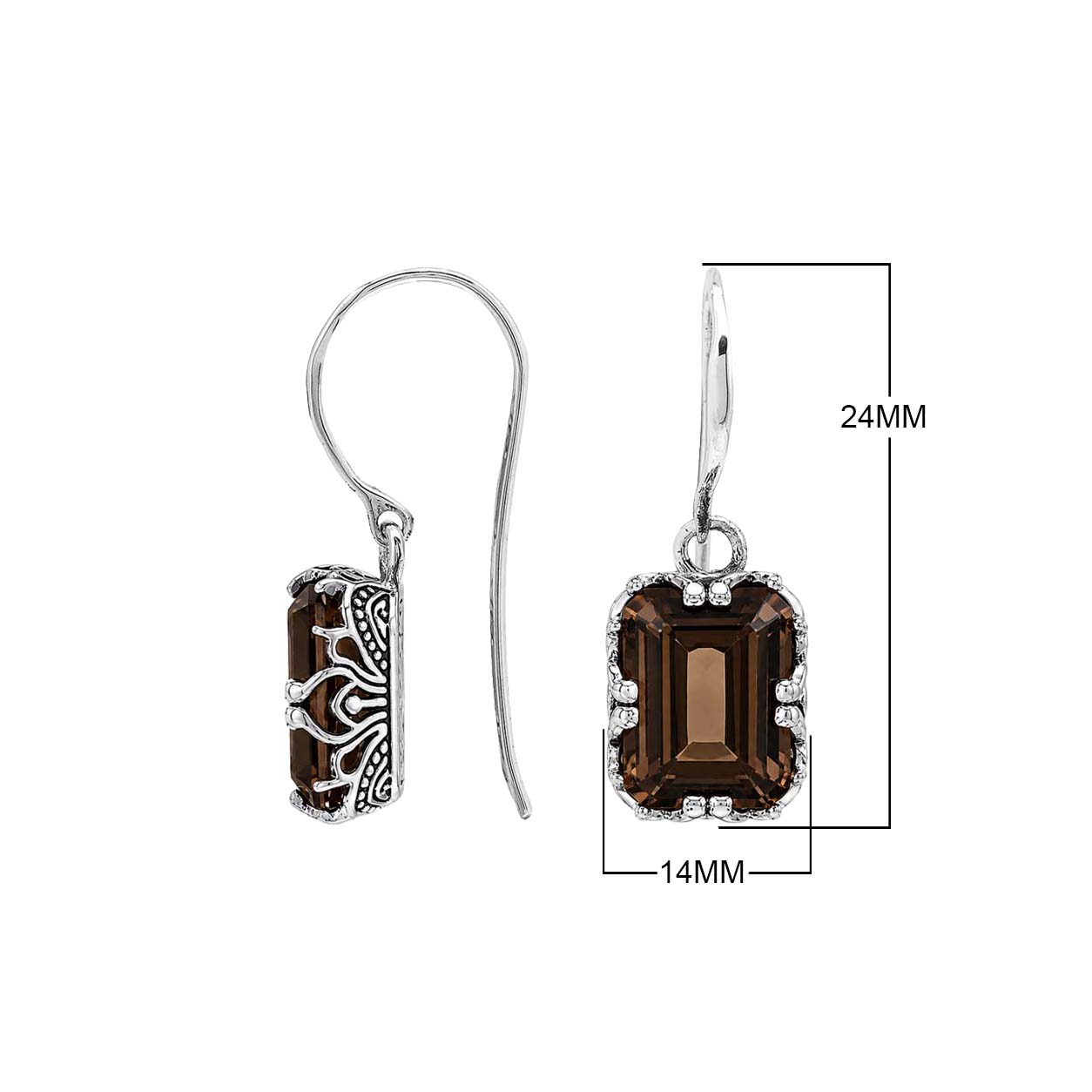 Sterling silver Smokey Quartz emerald cut drop earrings with handcrafted Balinese silver detailing