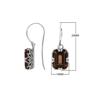 Sterling silver Smokey Quartz emerald cut drop earrings with handcrafted Balinese silver detailing