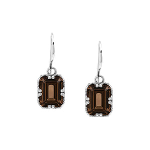 Sterling silver Smokey Quartz emerald cut drop earrings with handcrafted Balinese silver detailing