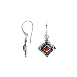Sterling silver Garnet Quartz drop earrings with ornate diamond-shaped Balinese filigree