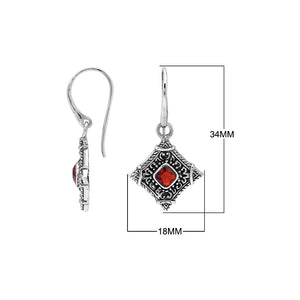 Sterling silver Garnet Quartz drop earrings with ornate diamond-shaped Balinese filigree