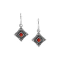Sterling silver Garnet Quartz drop earrings with ornate diamond-shaped Balinese filigree
