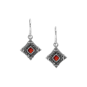 Sterling silver Garnet Quartz drop earrings with ornate diamond-shaped Balinese filigree