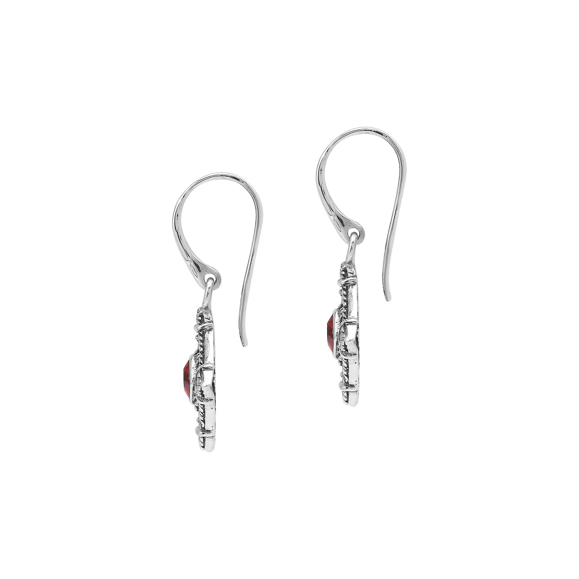 Sterling silver Garnet Quartz drop earrings with ornate diamond-shaped Balinese filigree