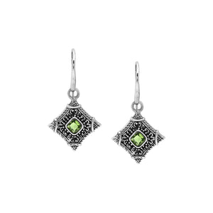 Sterling silver Peridot Quartz drop earrings with ornate Balinese filigree detailing