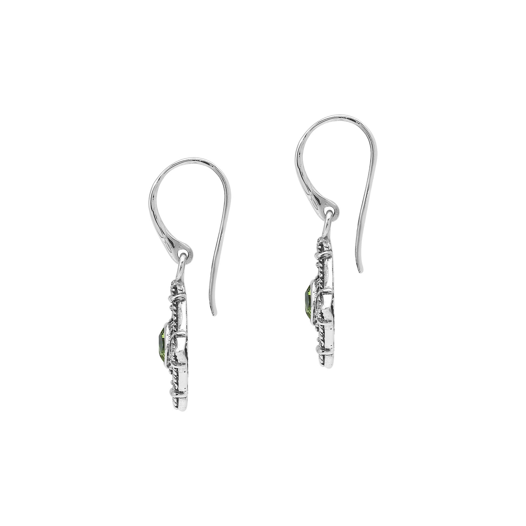 Sterling silver Peridot Quartz drop earrings with ornate Balinese filigree detailing