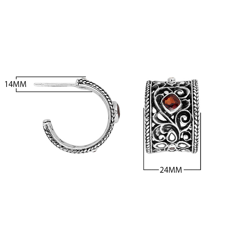Wholesale Sterling Silver Wide Filigree Half-Hoop Earrings With Garnet Quartz Centerpiece