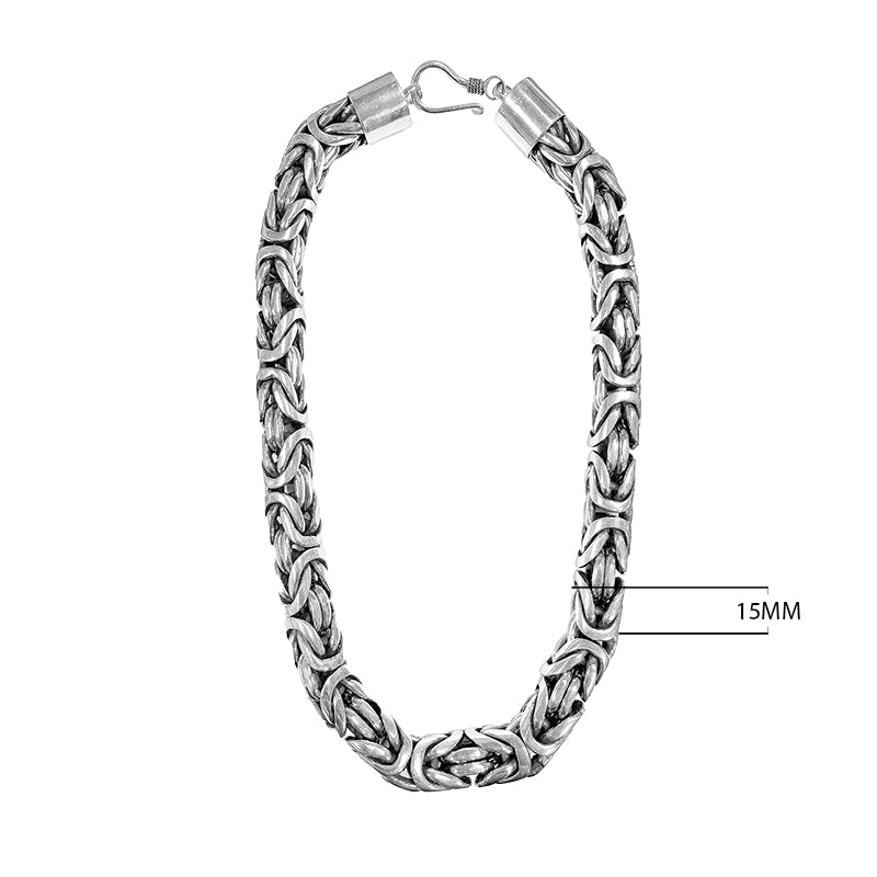 "Wholesale bold 15mm sterling silver Byzantine chain necklace, handcrafted in Bali with secure hook clasp"