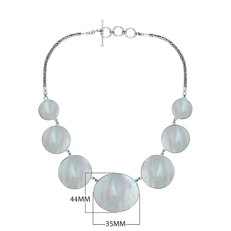 Wholesale sterling silver Mother of Pearl statement necklace with Balinese handcrafted design.