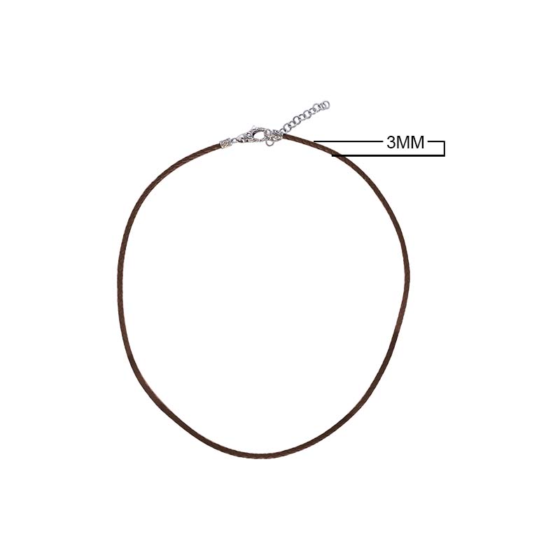 Brown leather cord necklace with sterling silver end caps and adjustable clasp.