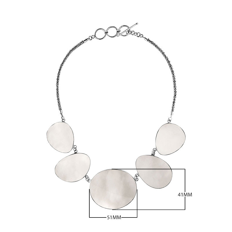 Sterling silver necklace with oval Mother of Pearl shell links, polished artisan finish.