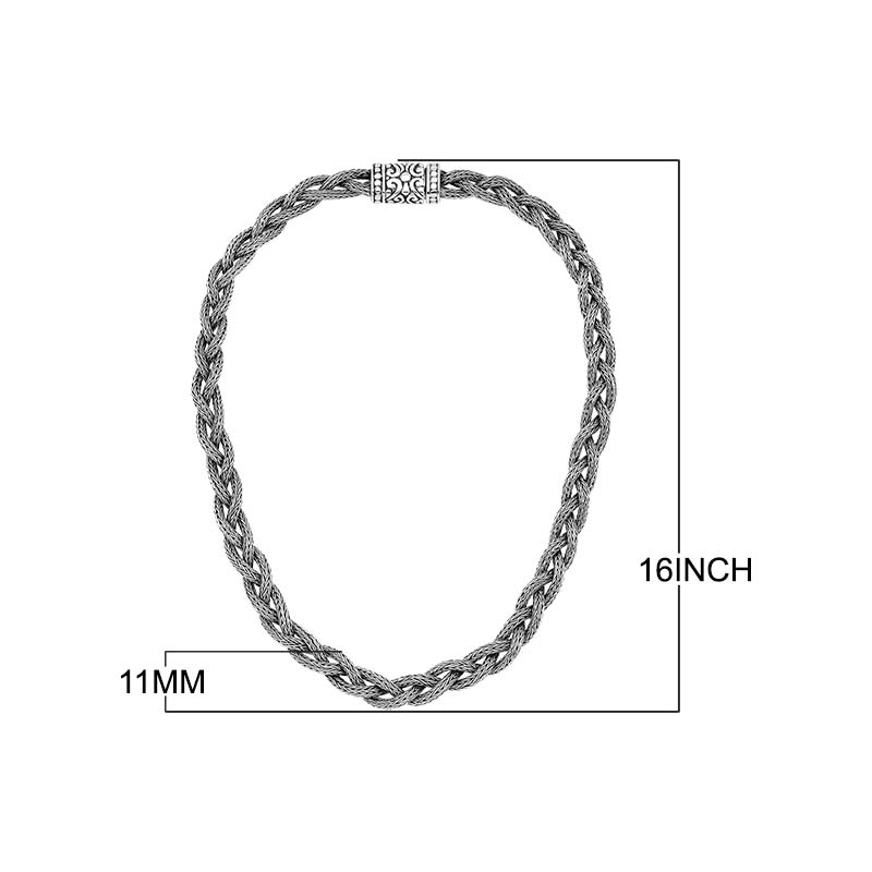 Sterling silver braided chain necklace with ornate clasp, artisan handcrafted