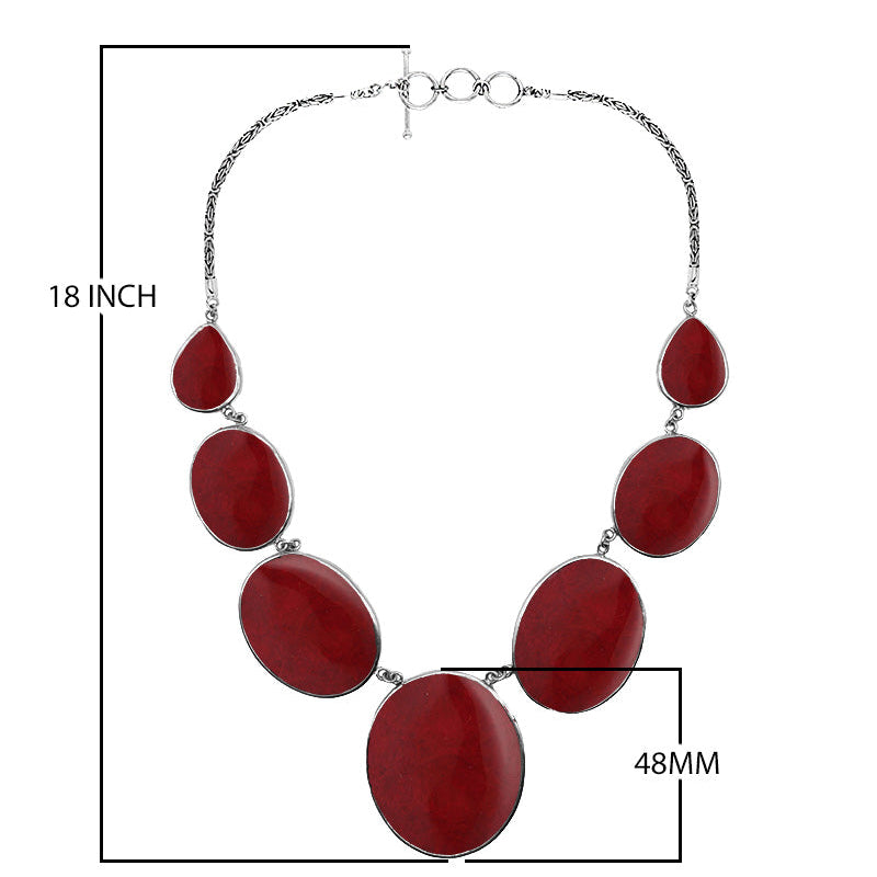 Wholesale red coral necklace in 925 sterling silver with oval and teardrop coral panels, handcrafted in Bali