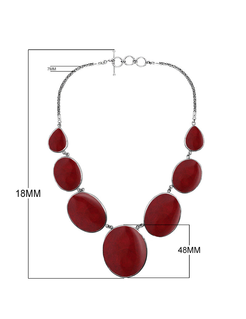 Wholesale red coral necklace in 925 sterling silver with oval and teardrop coral panels, handcrafted in Bali