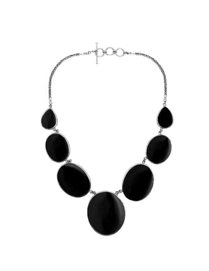 Wholesale black shell necklace in 925 sterling silver with oval and teardrop shell panels, handcrafted in Bali