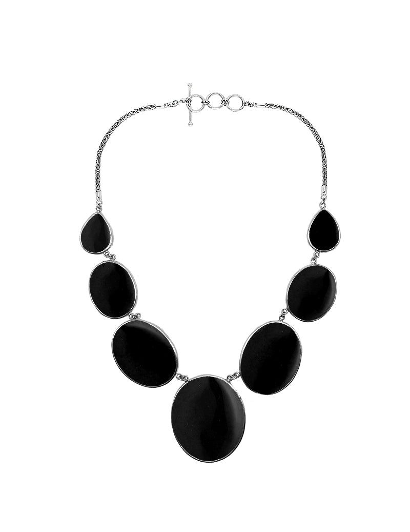 Wholesale black shell necklace in 925 sterling silver with oval and teardrop shell panels, handcrafted in Bali