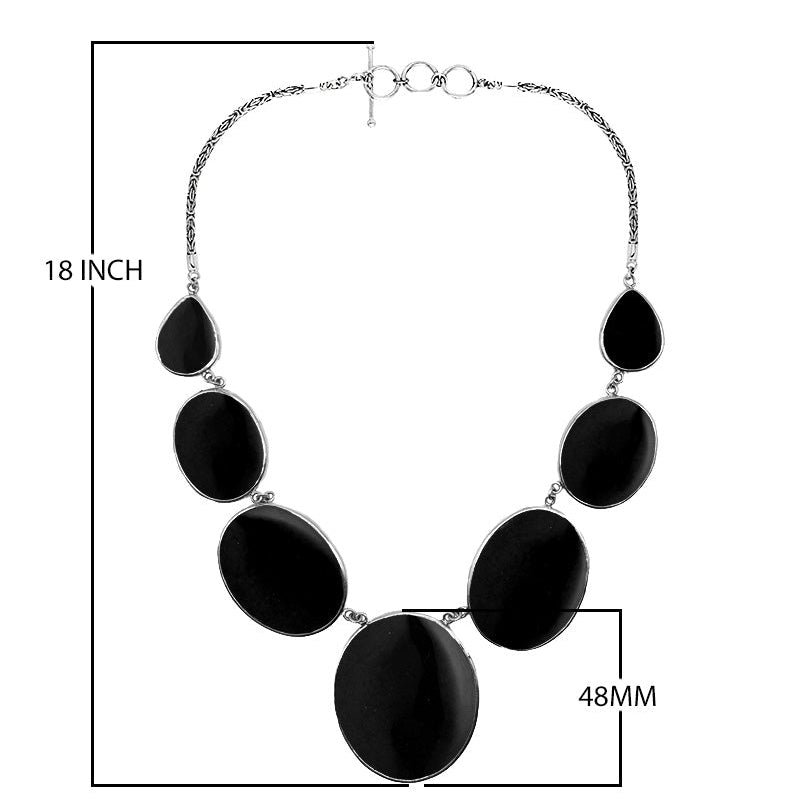Wholesale black shell necklace in 925 sterling silver with oval and teardrop shell panels, handcrafted in Bali