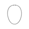 Sterling silver round box link chain necklace featuring uniform geometric links, oxidized detailing, polished surfaces, and a decorative push clasp handcrafted in Bali.