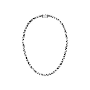 Sterling silver round box link chain necklace featuring uniform geometric links, oxidized detailing, polished surfaces, and a decorative push clasp handcrafted in Bali.