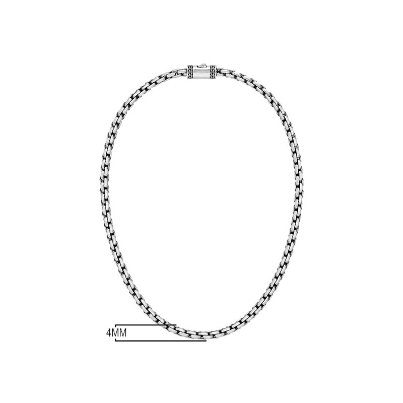 Sterling silver round box link chain necklace featuring uniform geometric links, oxidized detailing, polished surfaces, and a decorative push clasp handcrafted in Bali.