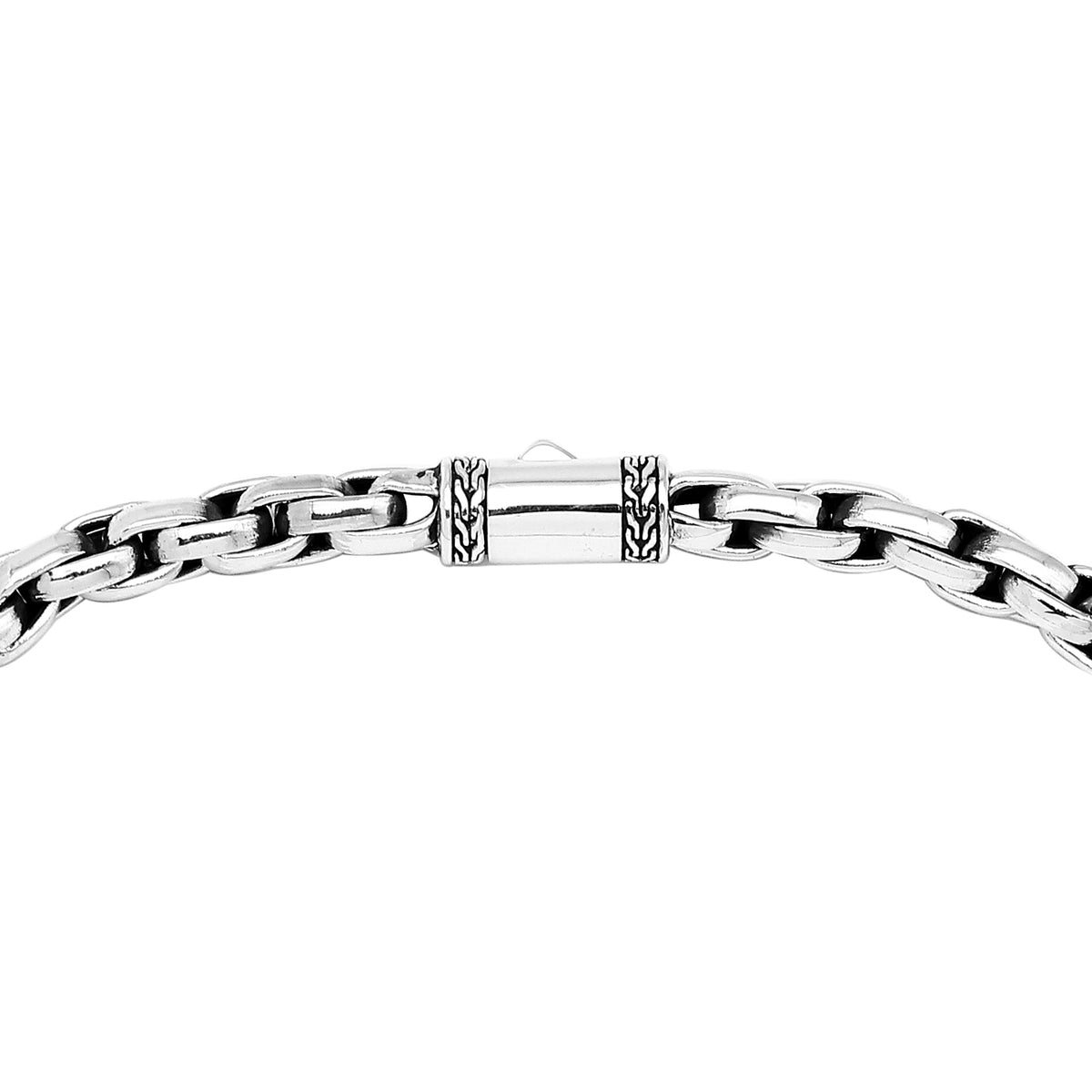 Sterling silver round box link chain necklace featuring substantial interlocking links, polished surfaces, oxidized recessed details, and a streamlined decorative push clasp.