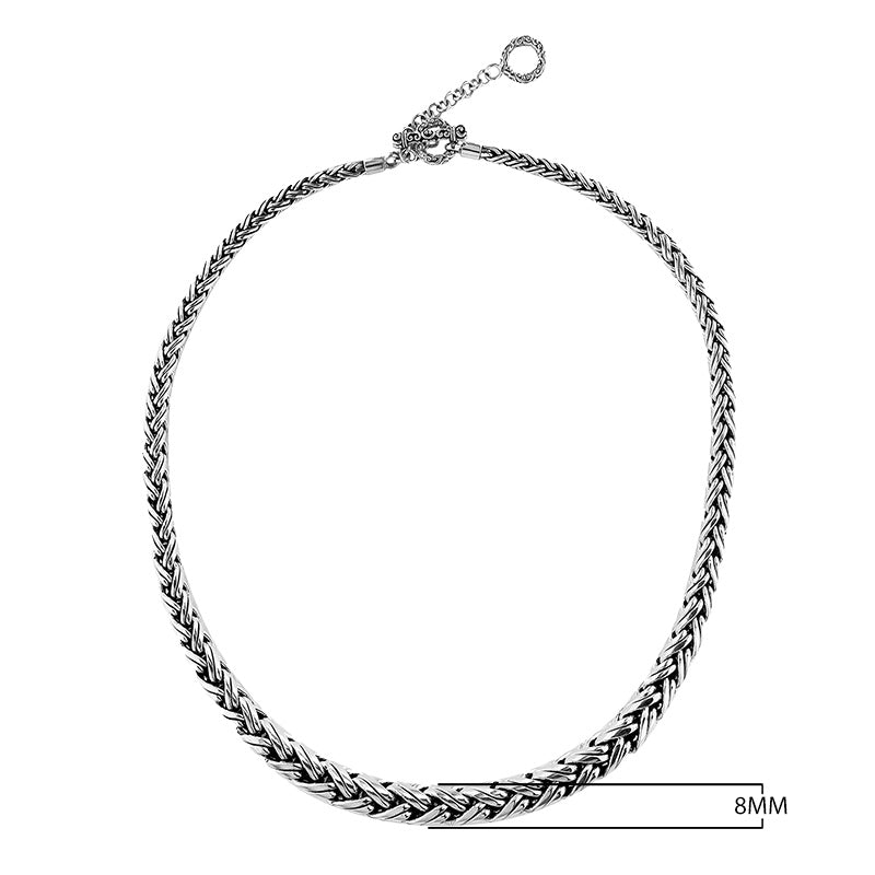 Wholesale sterling silver graduated chain necklace with handwoven design, oxidized-polished finish, and adjustable clasp, handcrafted in Bali.