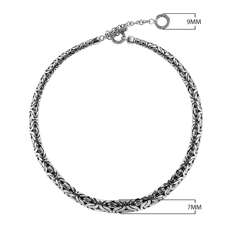 Wholesale sterling silver graduated woven chain necklace with oxidized-polished finish and adjustable clasp, handcrafted in Bali.