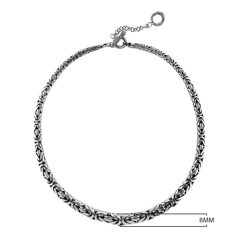 Wholesale sterling silver graduated round woven necklace with polished-oxidized finish and adjustable clasp, handcrafted in Bali.