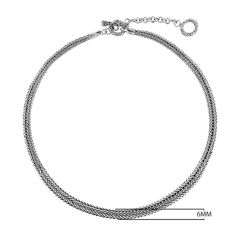 Wholesale sterling silver wheat chain necklace with oxidized-polished finish and artisan clasp, handcrafted in Bali.