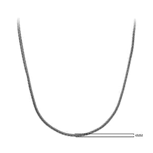 Handcrafted sterling silver 4MM wheat chain necklace with polished-oxidized finish and artisan clasp, made in Bali.