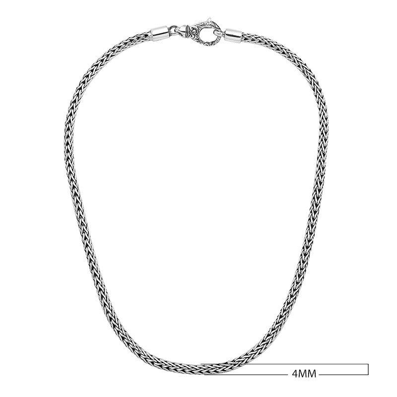 925 Sterling Silver 4MM woven chain necklace with lobster lock clasp handcrafted in Bali