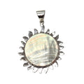 Wholesale sterling silver sunburst pendant with round Jeping Shell, handcrafted in Bali artisan style.
