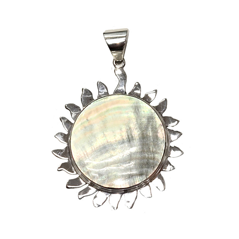 Wholesale sterling silver sunburst pendant with round Jeping Shell, handcrafted in Bali artisan style.
