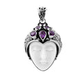 Wholesale sterling silver pendant with hand-carved bone face and amethyst gemstones, Bali artisan jewelry in bulk.
