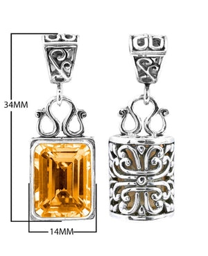 Wholesale sterling silver rectangular Citrine pendant with faceted gemstone, handcrafted Bali silverwork and oxidized detailing, artisan jewelry for bulk orders.