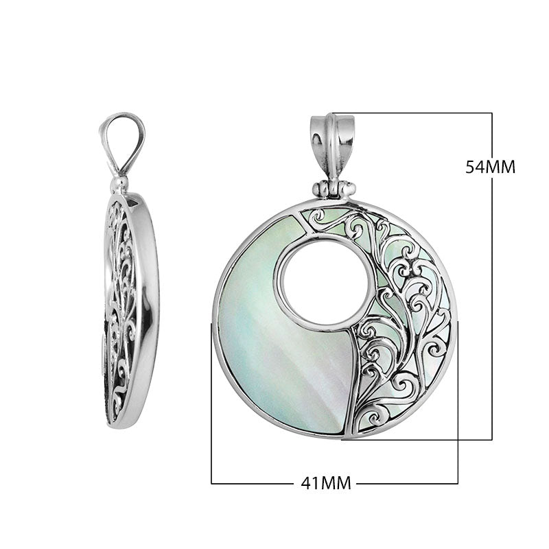 Wholesale sterling silver round Mother of Pearl pendant with iridescent inlay, cut-out design, and Bali-inspired vine silverwork with oxidized detailing, handcrafted artisan jewelry for bulk orders.