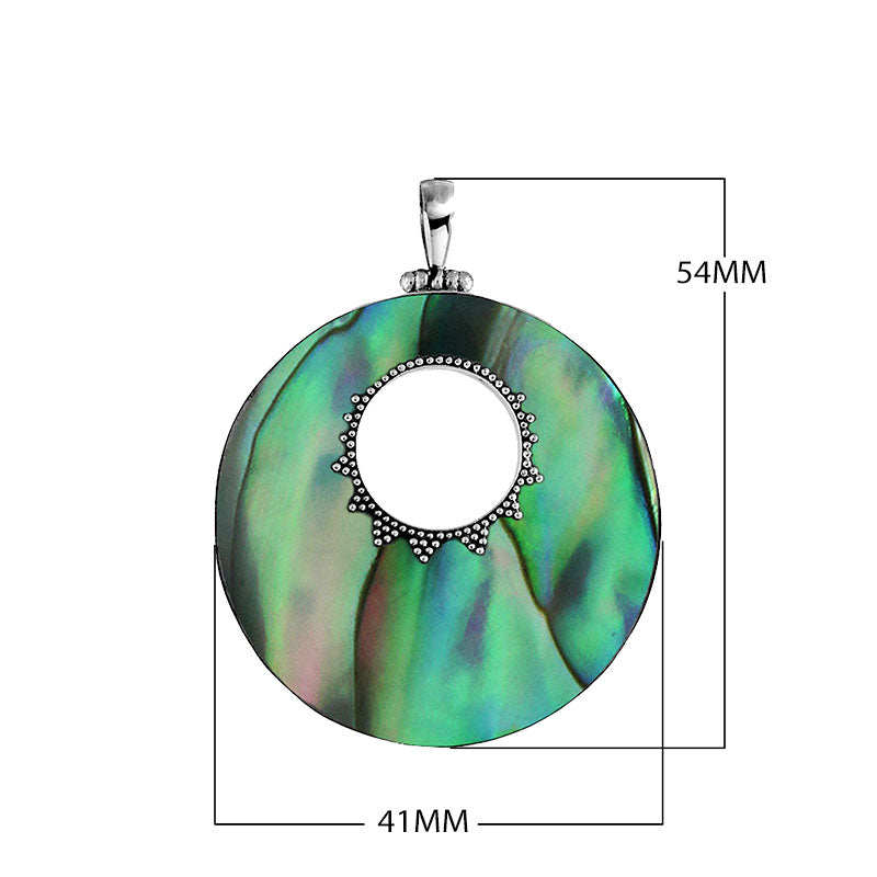 Wholesale sterling silver round Abalone shell pendant with iridescent blue-green inlay, center cut-out design, and oxidized dot detailing, handcrafted Bali artisan jewelry for bulk orders.