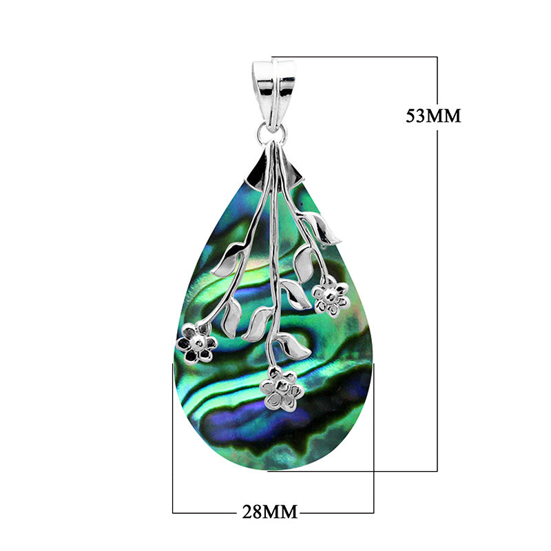 Handcrafted 925 Sterling Silver Abalone Shell teardrop pendant featuring a floral branch overlay, high-polished mirror finish, and vivid ocean-inspired Balinese artistry for wholesale jewelry buyers.