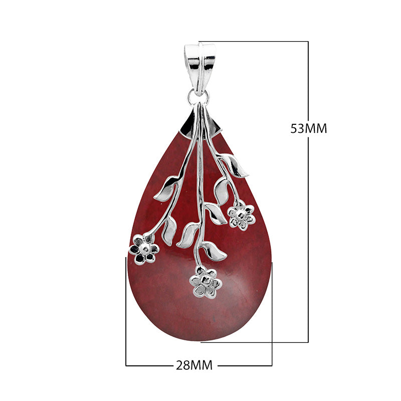 AP-1047-CR Sterling Silver Red Coral Long Teardrop Pendant With Floral Branch Overlay.