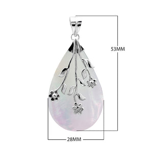 Handcrafted 925 Sterling Silver Mother Of Pearl teardrop pendant featuring floral branch overlay, high-polished finish, and elegant Balinese artistry for wholesale jewelry buyers and catalogs.