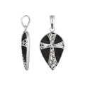 Sterling silver teardrop pendant with ornate cross design and genuine black shell inlay, handcrafted Bali wholesale jewelry.