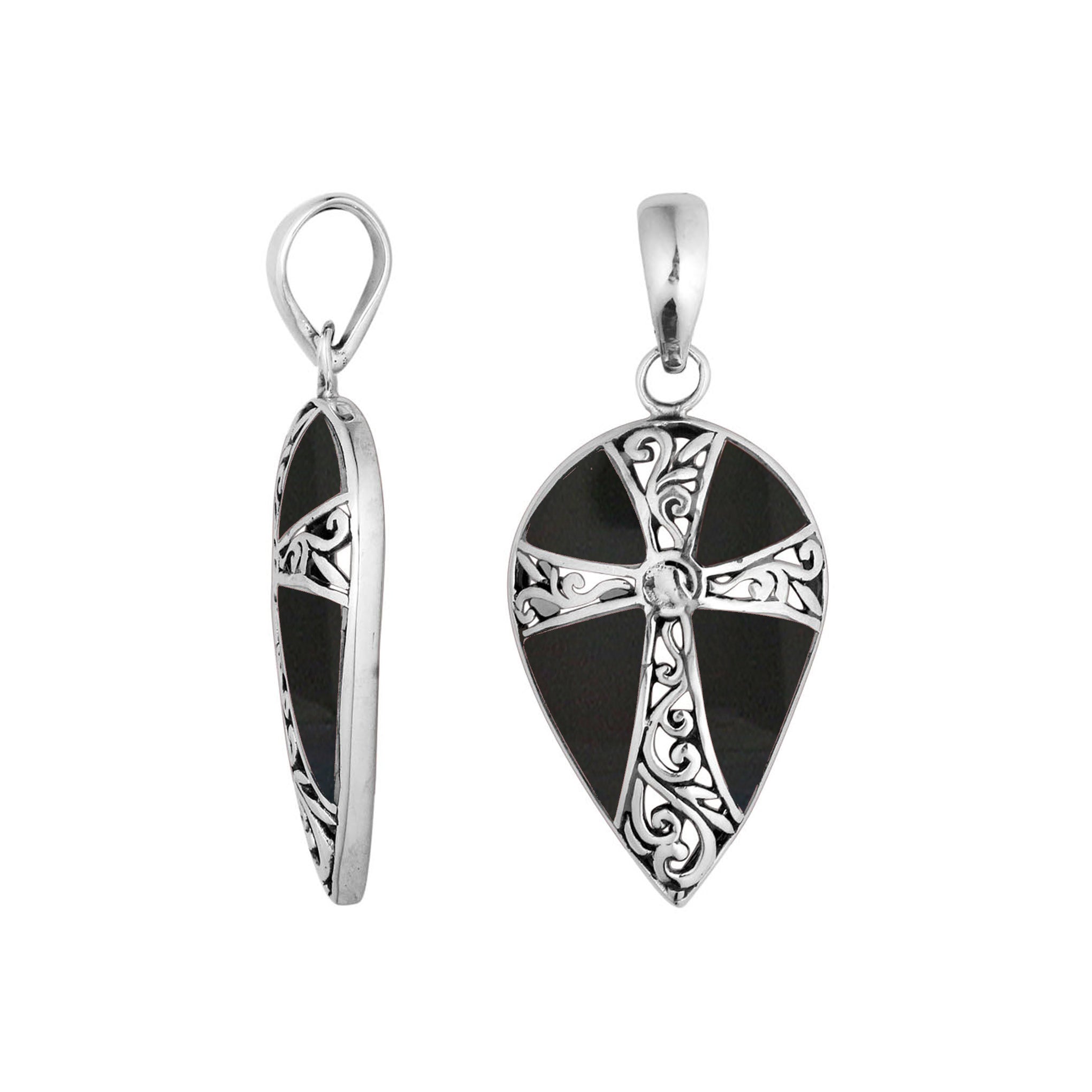 Sterling silver teardrop pendant with ornate cross design and genuine black shell inlay, handcrafted Bali wholesale jewelry.