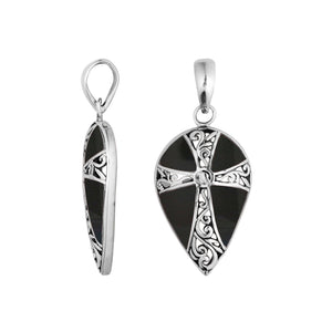 Sterling silver teardrop pendant with ornate cross design and genuine black shell inlay, handcrafted Bali wholesale jewelry.